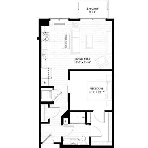 Floor plan for 1 bed, 1 bath, 692 sqft